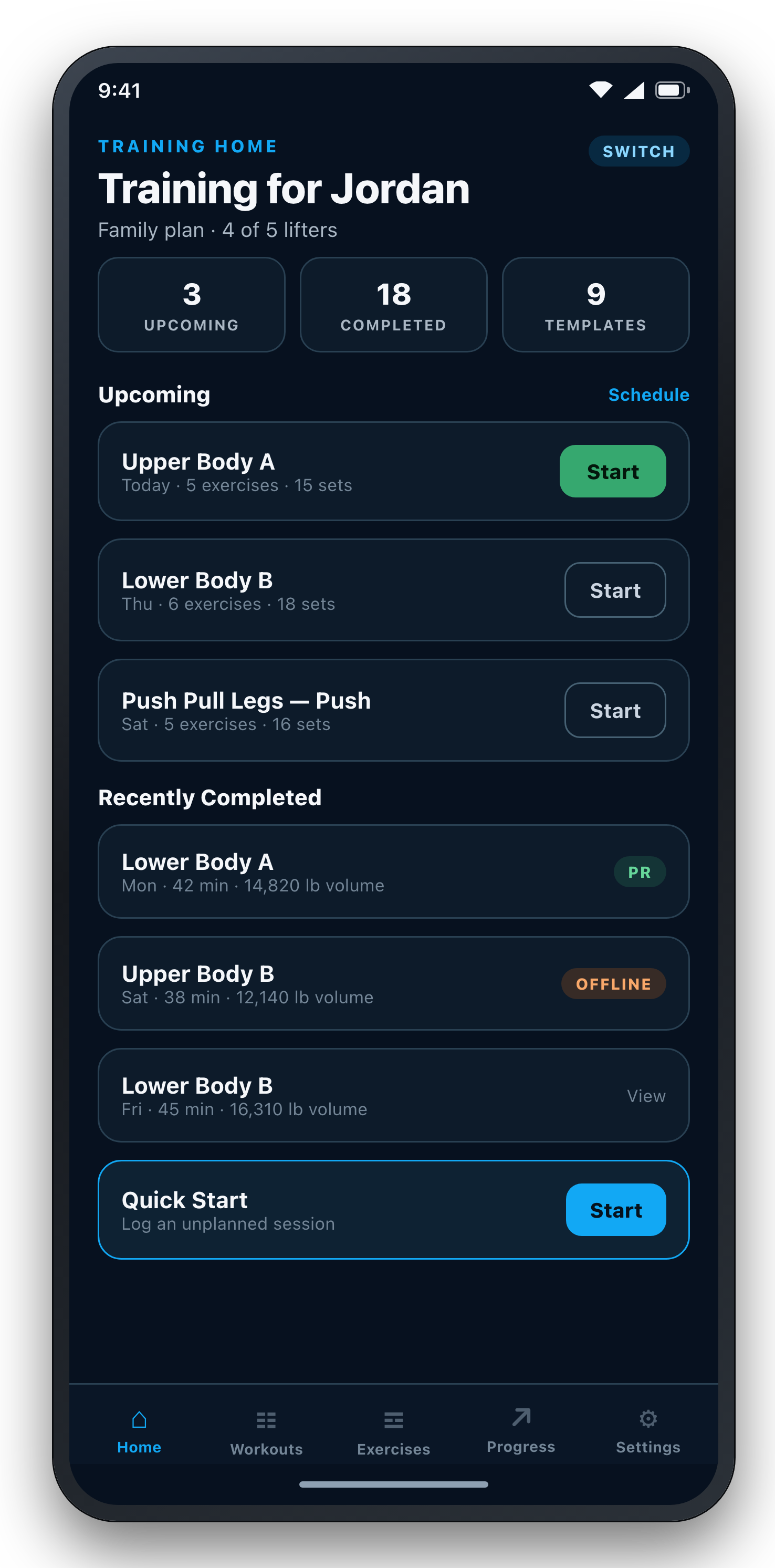 Dashboard screen on Android with upcoming scheduled sessions