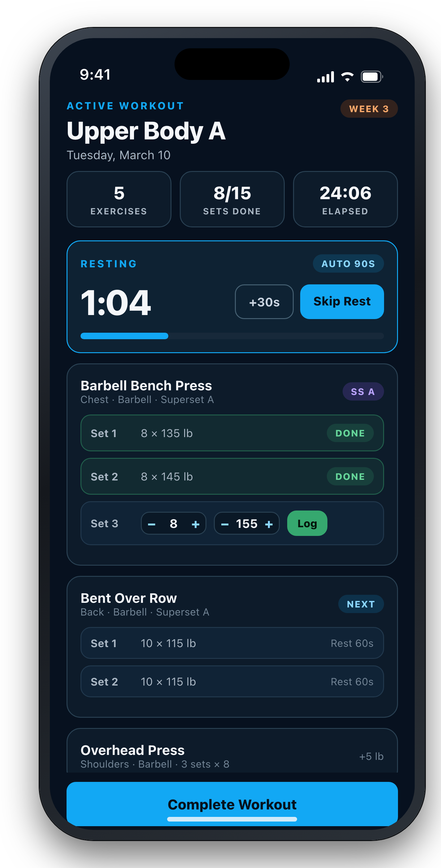 Live workout screen on iPhone with an auto rest timer, superset grouping, and per-set logging