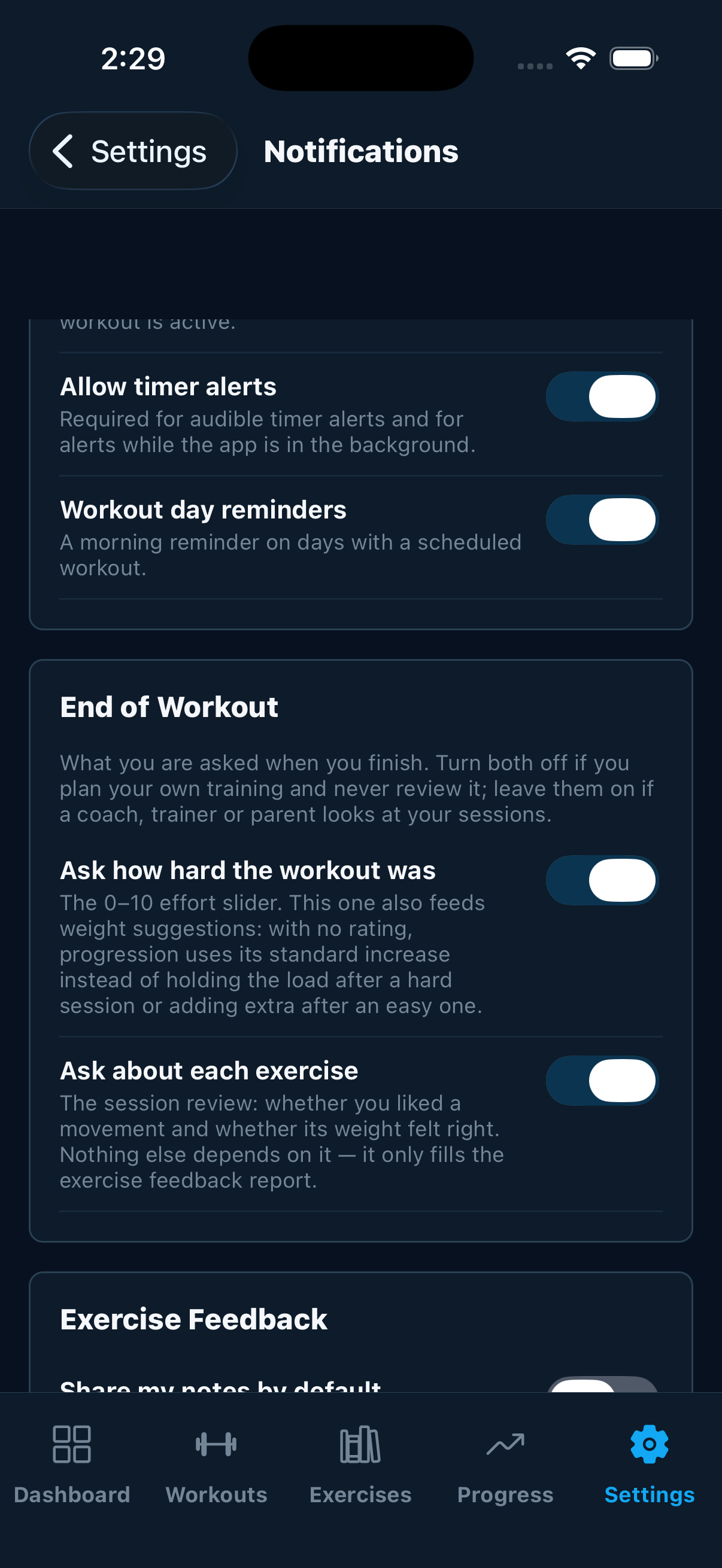 End of Workout settings with separate switches for the effort slider and the per-exercise review