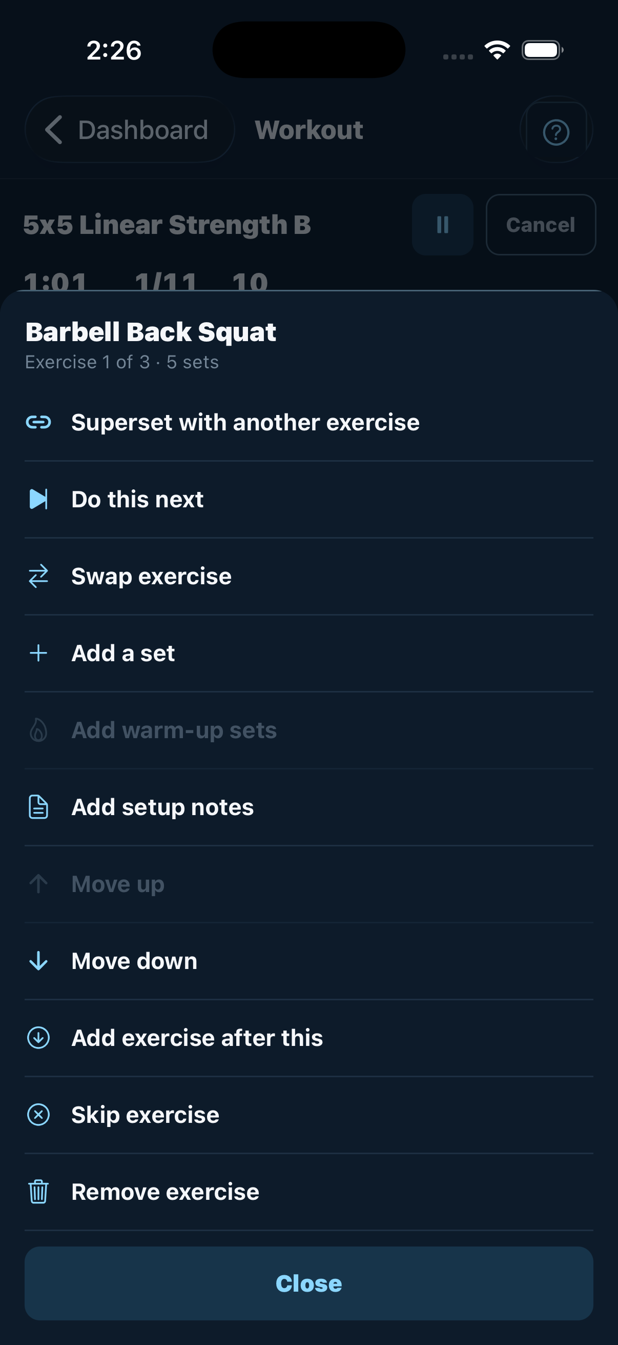 Exercise menu sheet listing superset, do this next, swap exercise, add a set, add warm-up sets, add setup notes, move up, move down, add exercise after this, skip exercise, and remove exercise