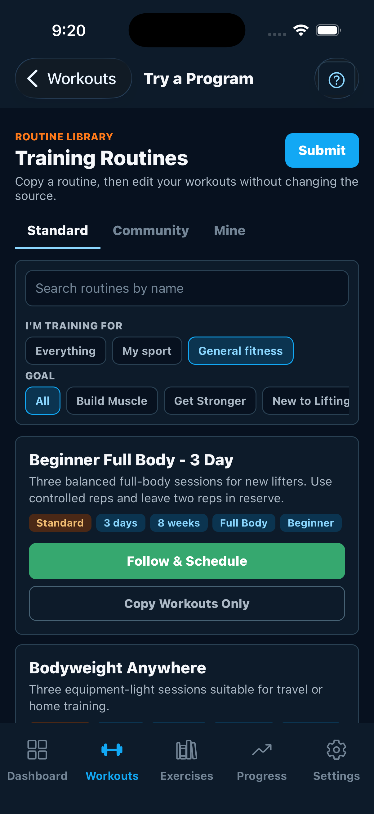 Routine library on iPhone with the picker set to General fitness, showing goal chips for Build Muscle, Get Stronger and New to Lifting above the Beginner Full Body and Bodyweight Anywhere routines