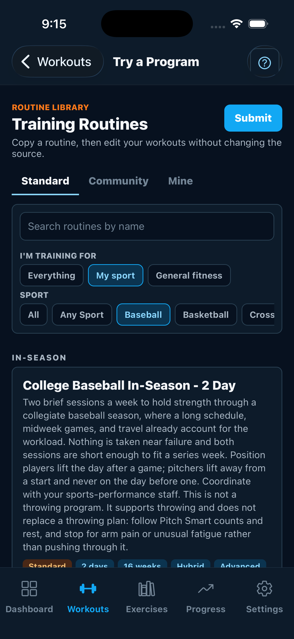Routine library on iPhone with the picker set to My sport and Baseball, results grouped under an In-Season heading showing the college baseball plan with its days per week, duration, and difficulty