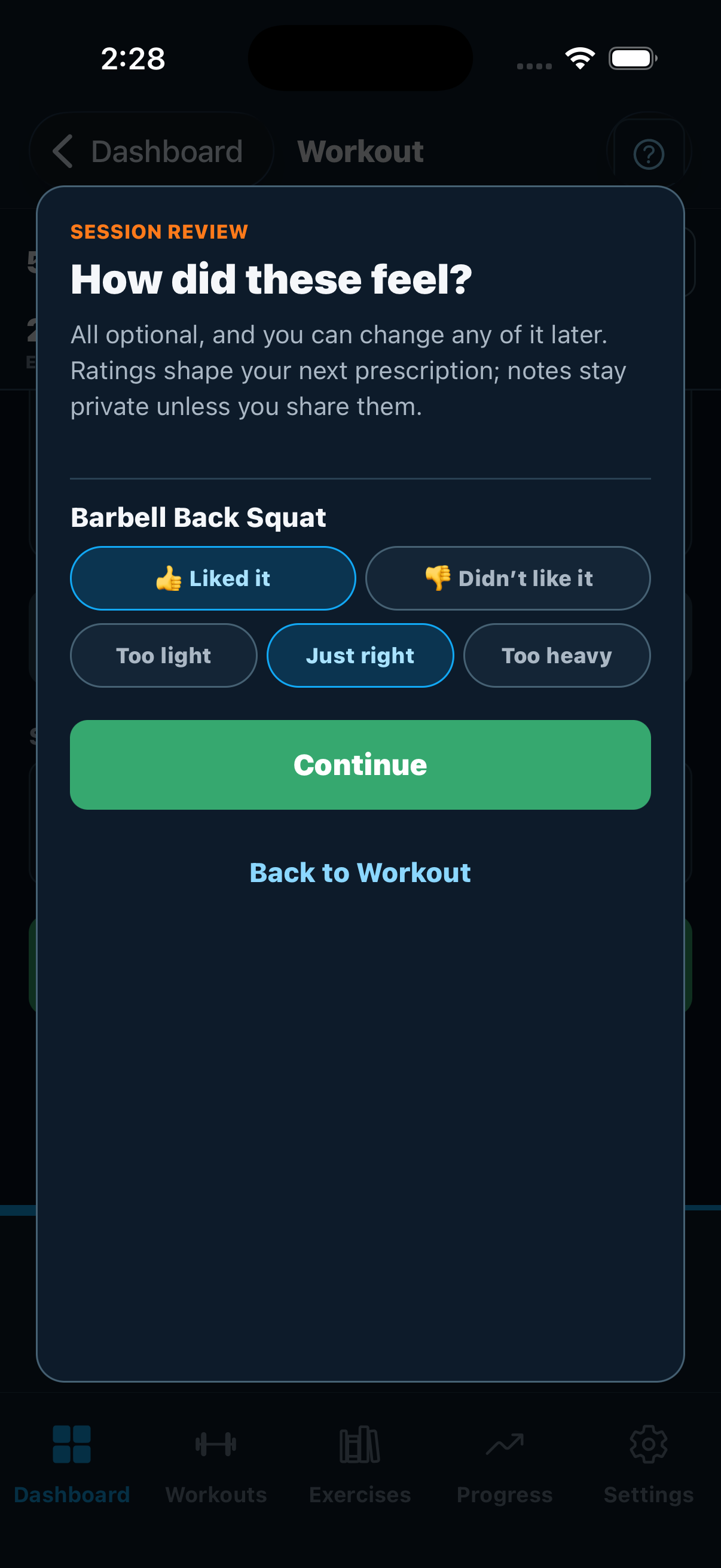 Session review asking how each exercise felt, with liked it selected and the weight rated just right