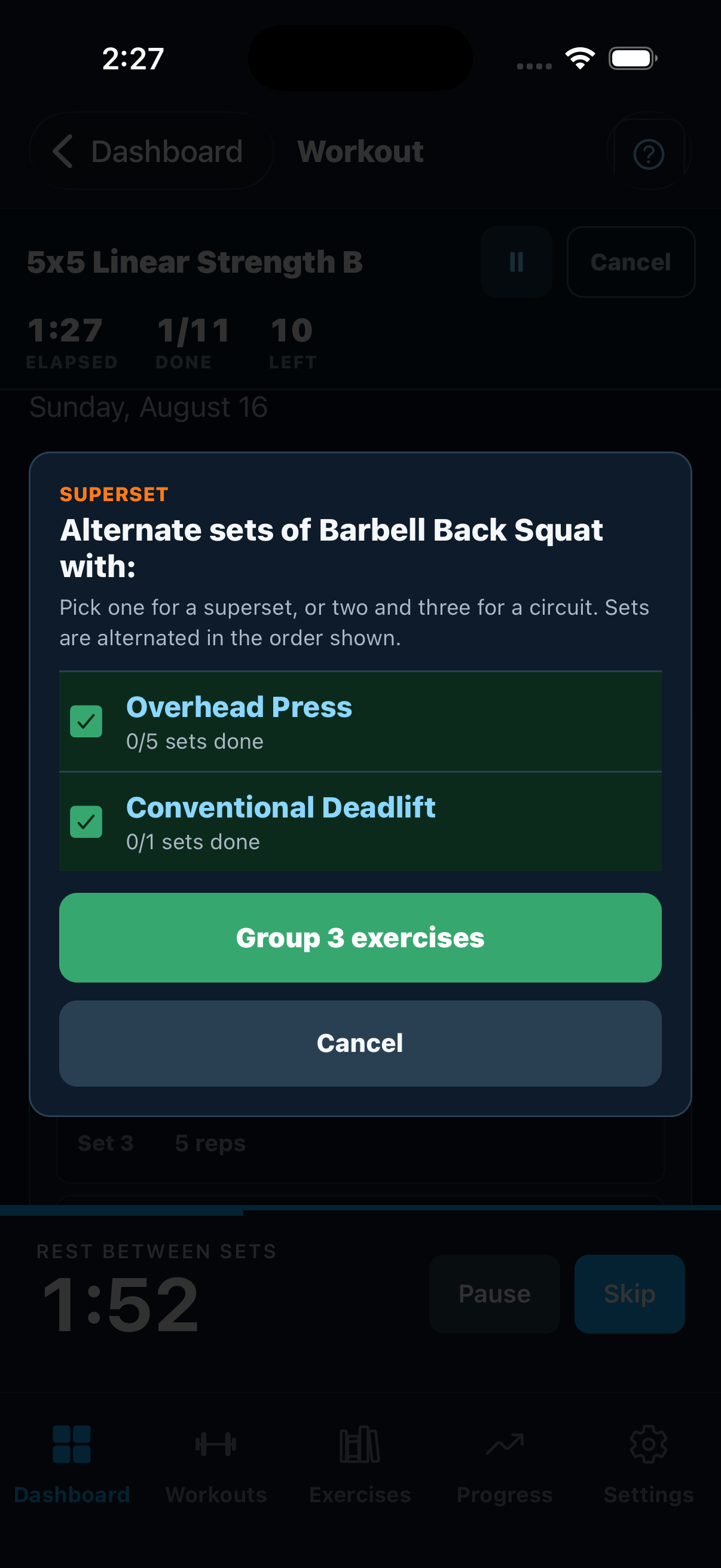 Superset picker with checkboxes beside Overhead Press and Conventional Deadlift, both ticked, and a Group 3 exercises button