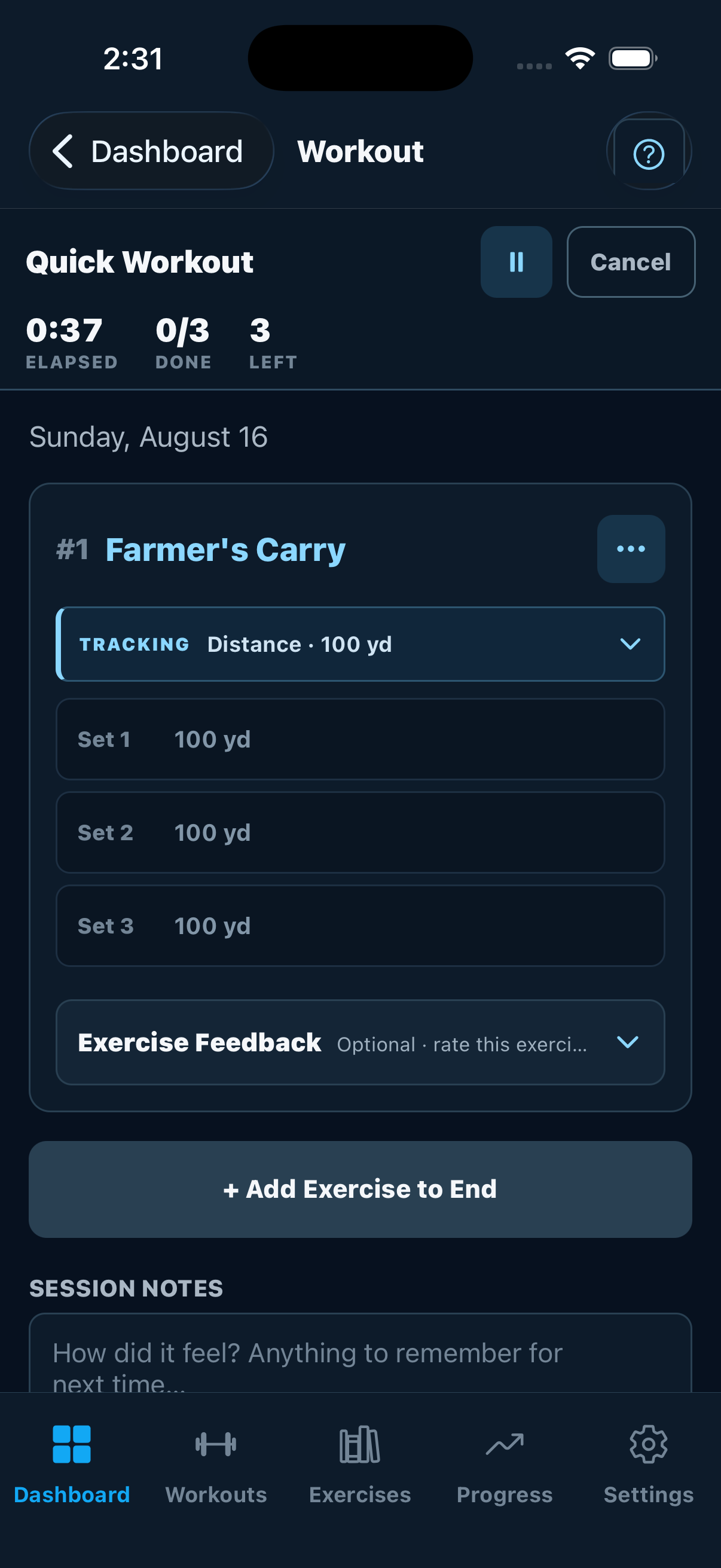 Farmer's Carry added to a quick workout, arriving pre-set to distance tracking at 100 yards on a single folded Tracking line