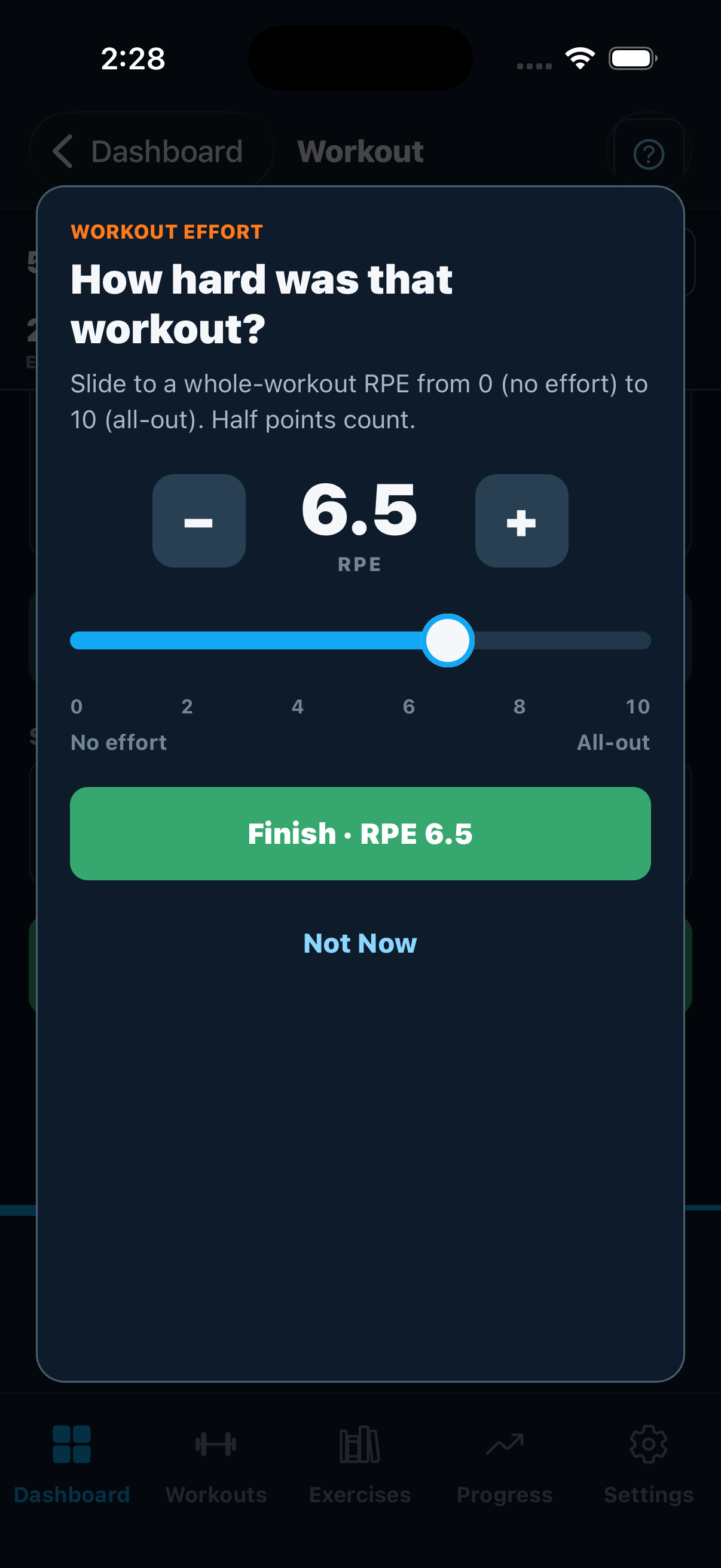 Workout effort slider set to RPE 6.5 on a 0 to 10 scale marked no effort to all-out
