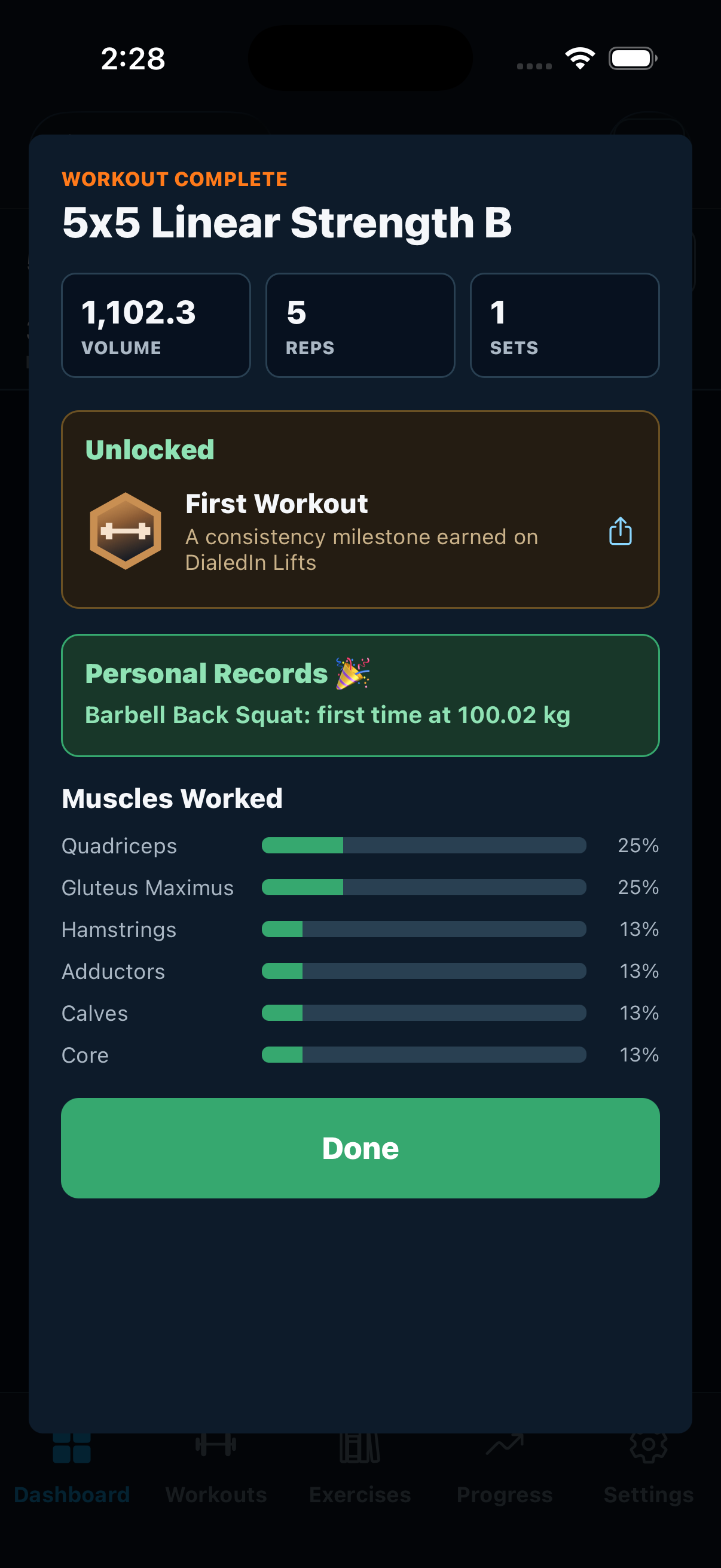 Workout summary with volume, reps and sets, an unlocked badge, a personal record, and a muscles-worked breakdown