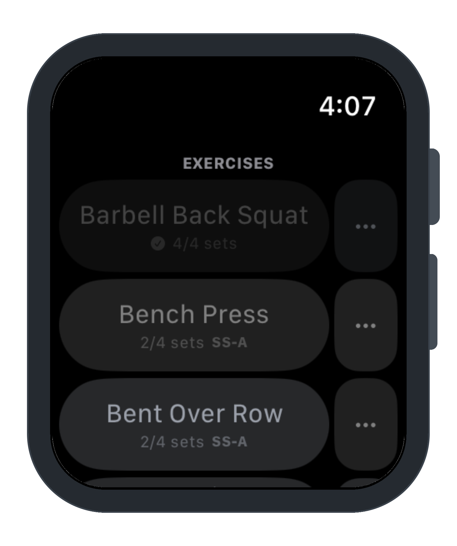 Apple Watch exercise list showing progress per exercise and two lifts paired as a superset