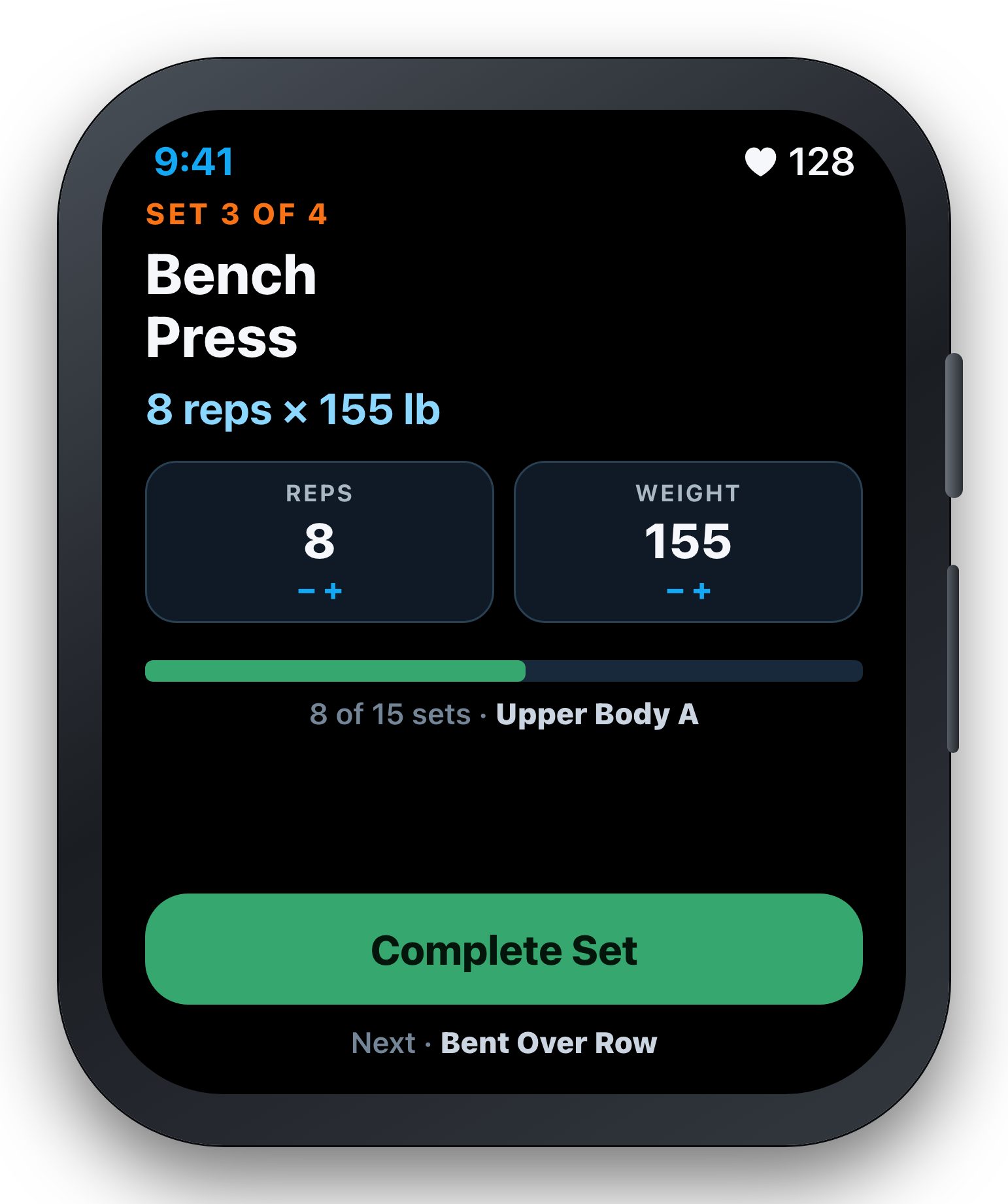 Apple Watch showing the next planned set with a complete-set button