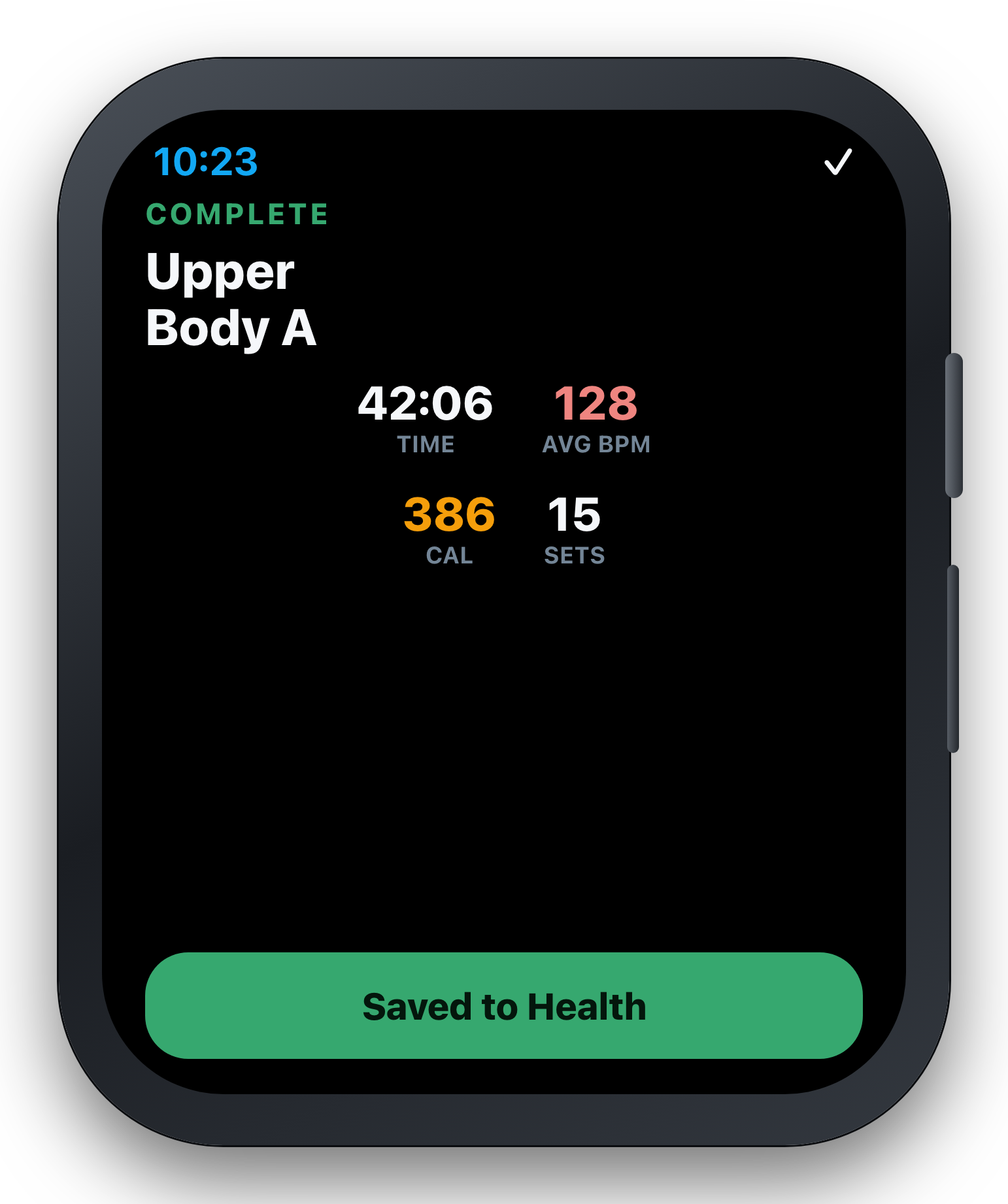 Apple Watch workout summary with heart rate and total volume