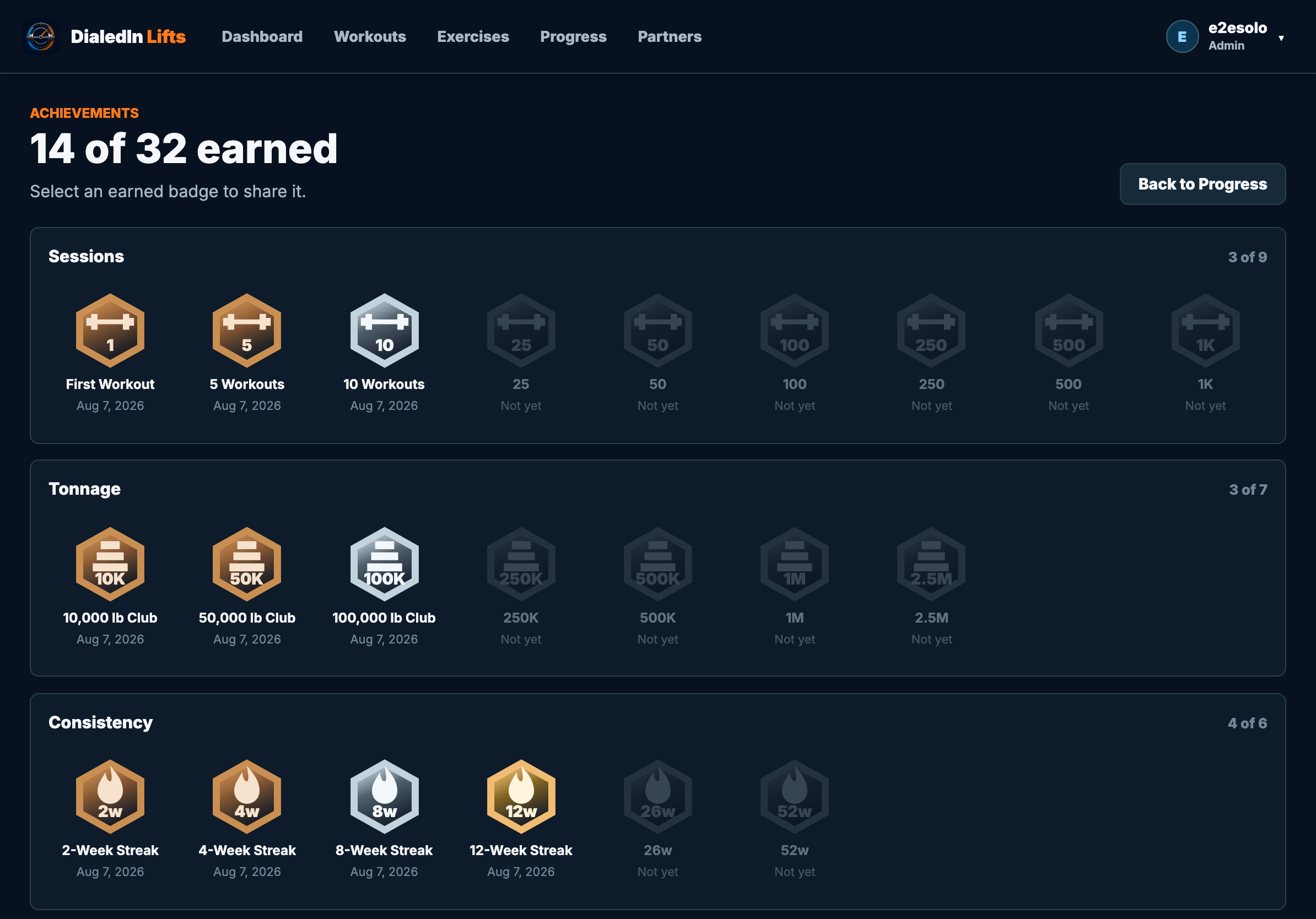Achievements page showing earned badges grouped by sessions, tonnage, and consistency
