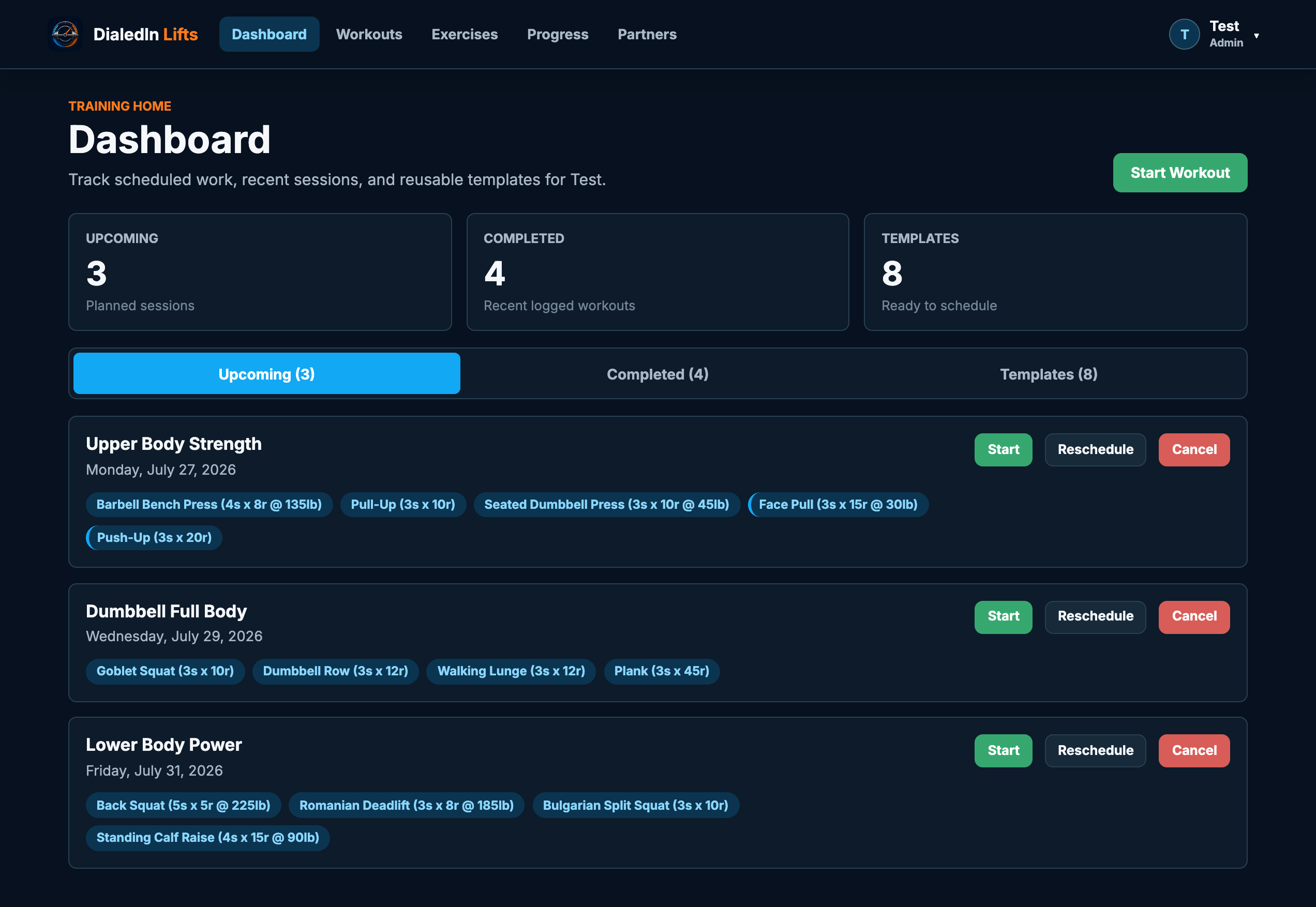 DialedIn Lifts web dashboard with upcoming workouts, exercise chips, and scheduling controls