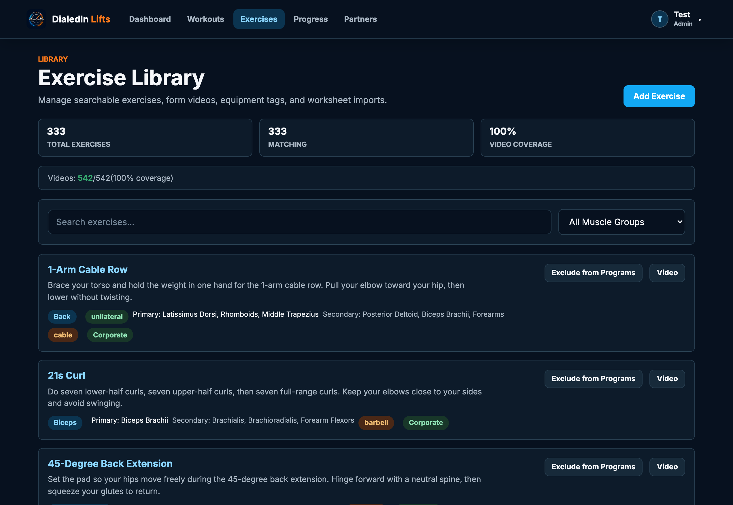 Searchable exercise library with muscle group and equipment filters
