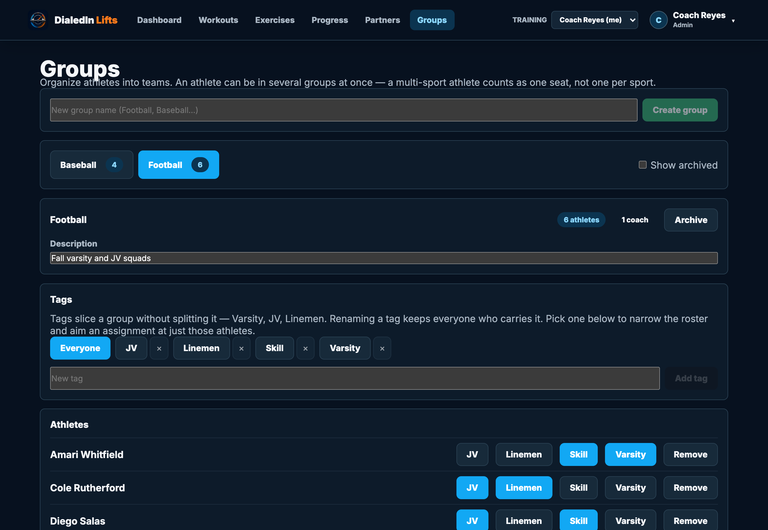 Coaching groups page showing a Football group with Varsity, JV, Linemen, and Skill tags applied to each athlete on the roster