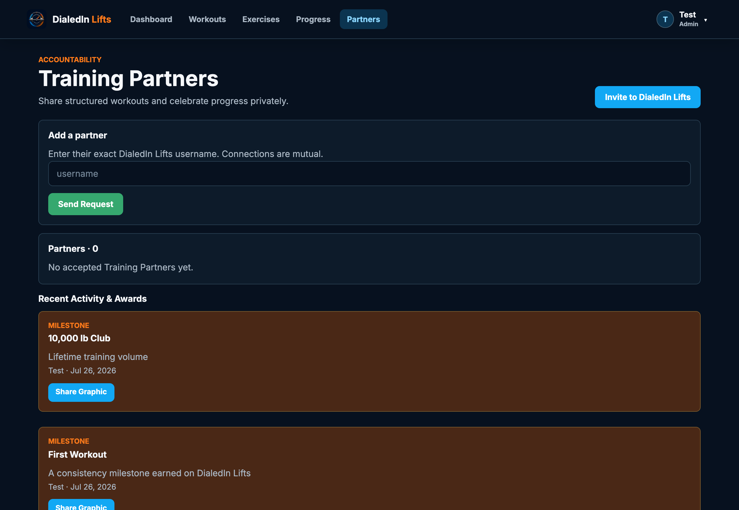 Training Partners screen with an invite field for adding a partner by username