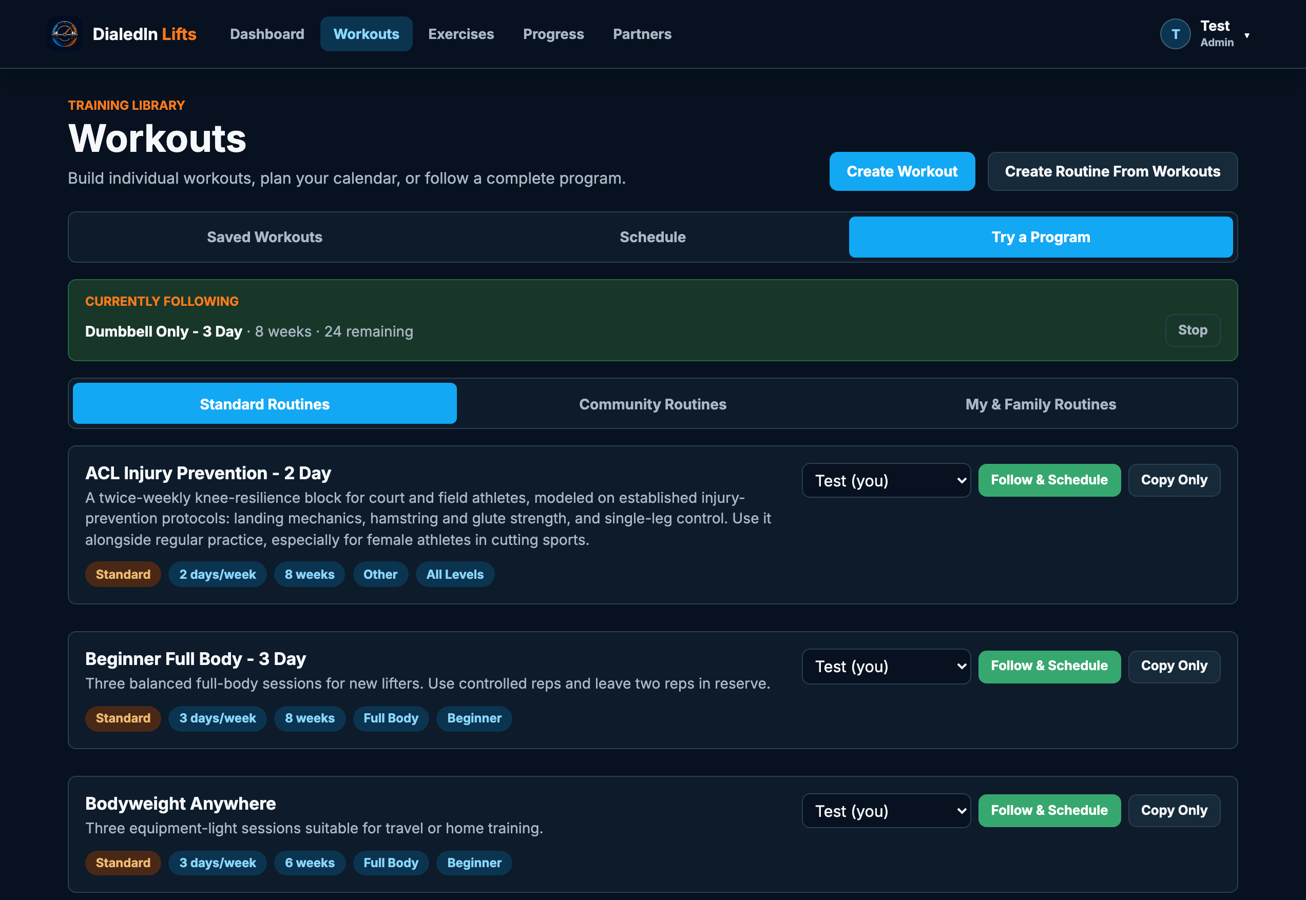 Training program catalog with standard routines, weeks and days per week, and a currently-following banner