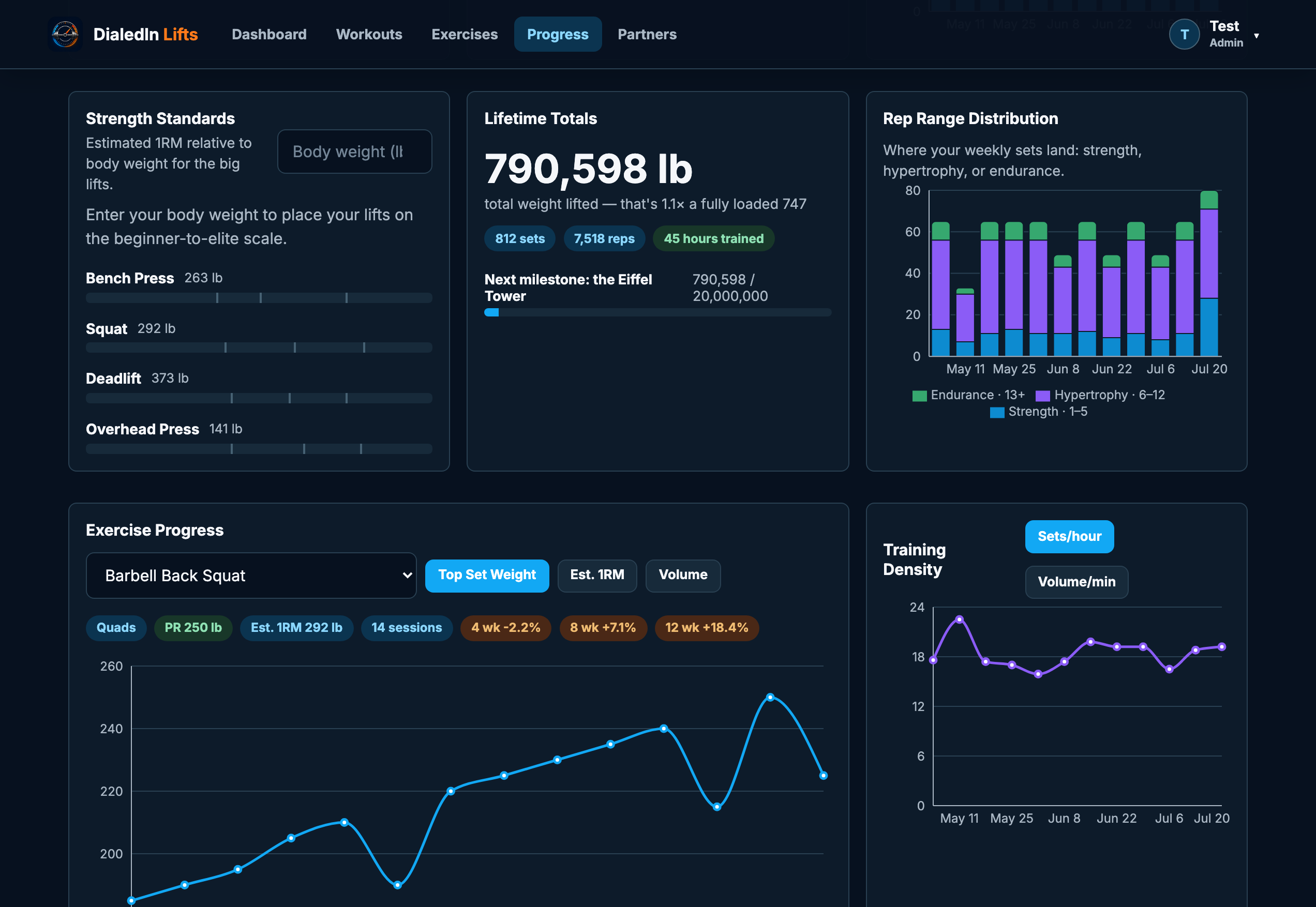 Strength standards, lifetime totals, rep range distribution, exercise progress chart, and training density widgets