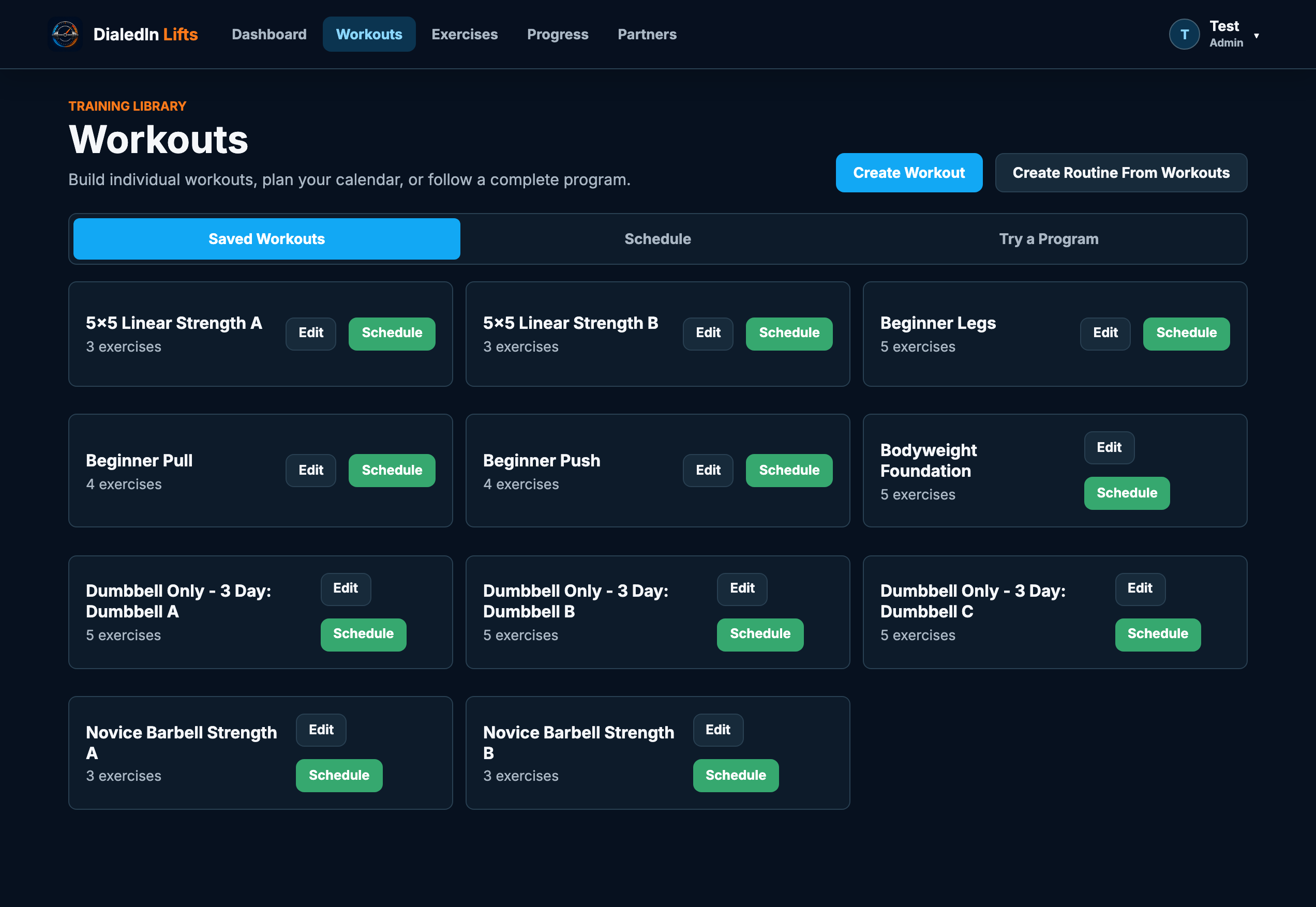 Saved workout library with scheduling controls