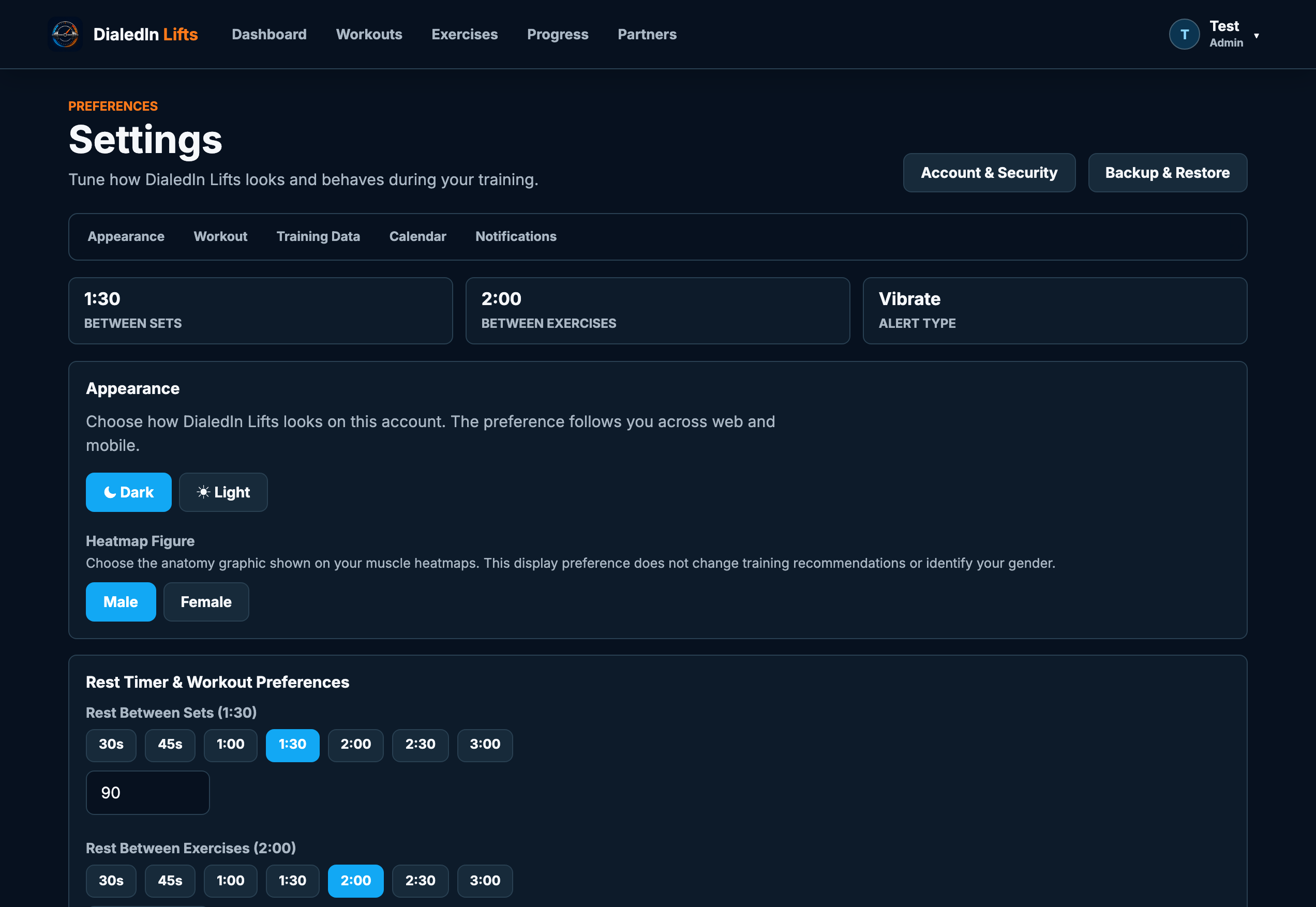 Settings screen with appearance, heatmap figure, and rest timer preferences